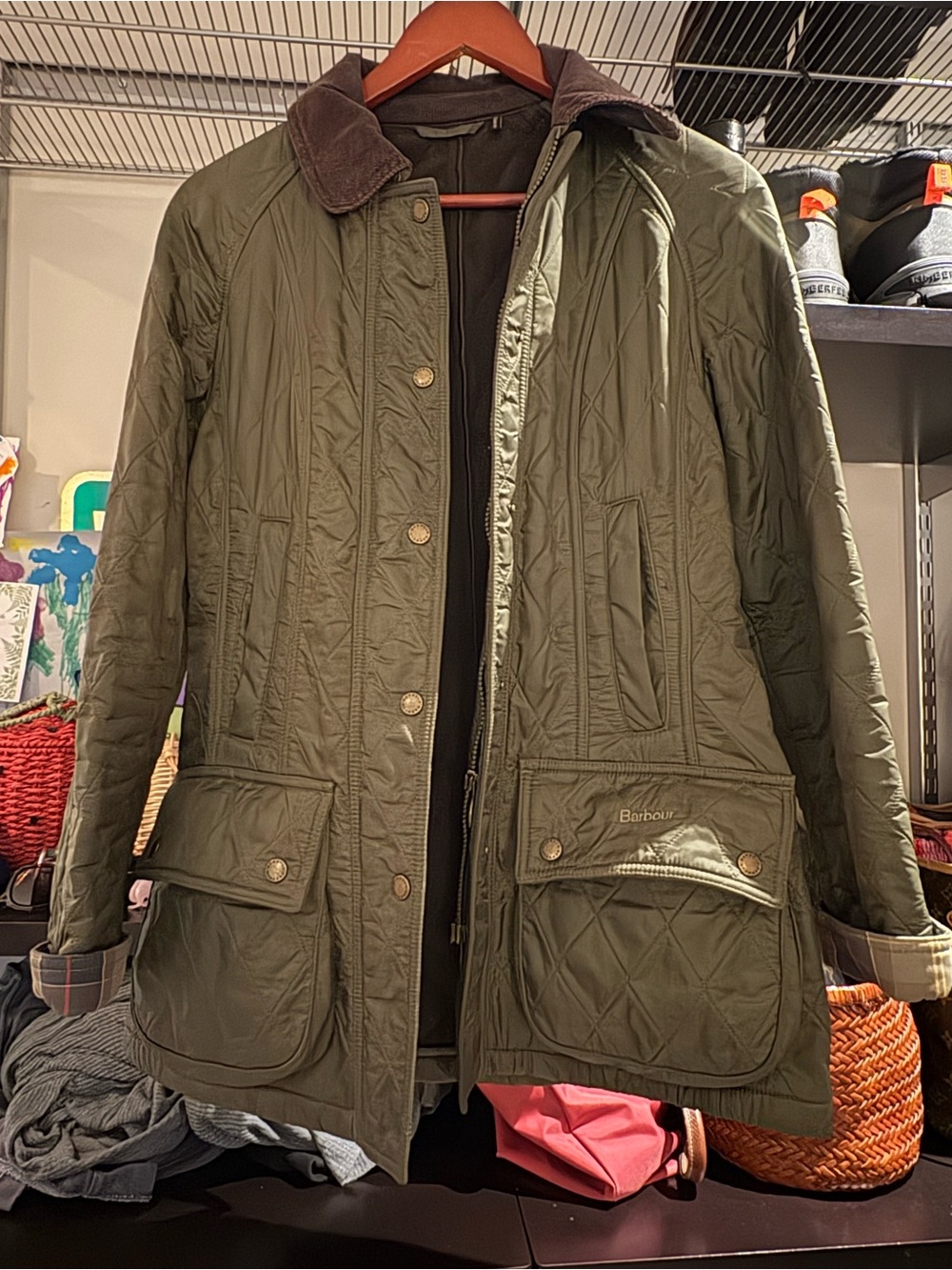 Barbour Olive Green Quilted Utility Jacket with Corduroy Collar